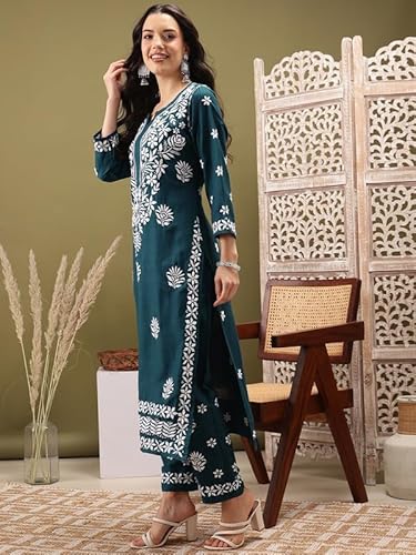 Ada Hand Embroidered Lucknowi Chikankari Cotton Kurta and Pant Set for Women A811260 Peacock Blue (XL)
