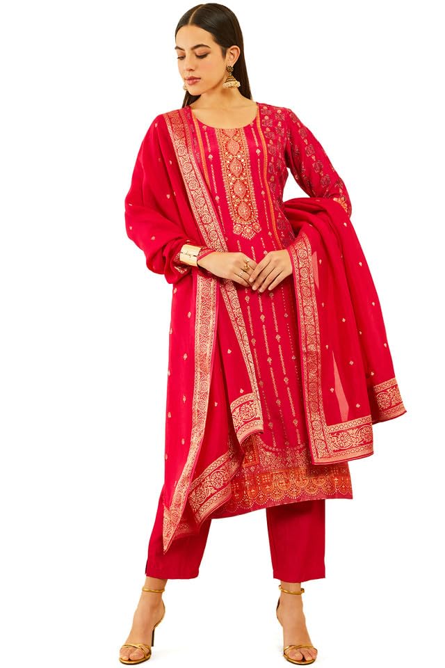 Soch Womens Fuchsia Brocade Suit Set with Zardozi