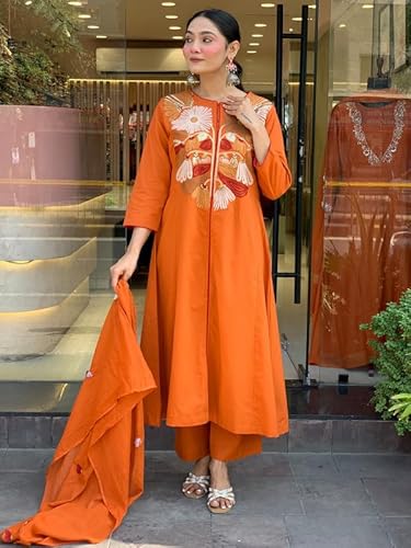 AVYUKTHA | Women Floral Embroidered Kurta with Pyjamas & Dupatta | Thread Work Ethnic Kurta Set for Women | Festive & Daily | Orange | Size- S