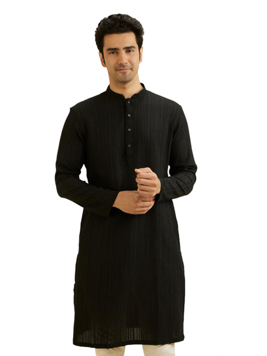 Manyavar Men's Spandex Self Design Kurta (Black,L)