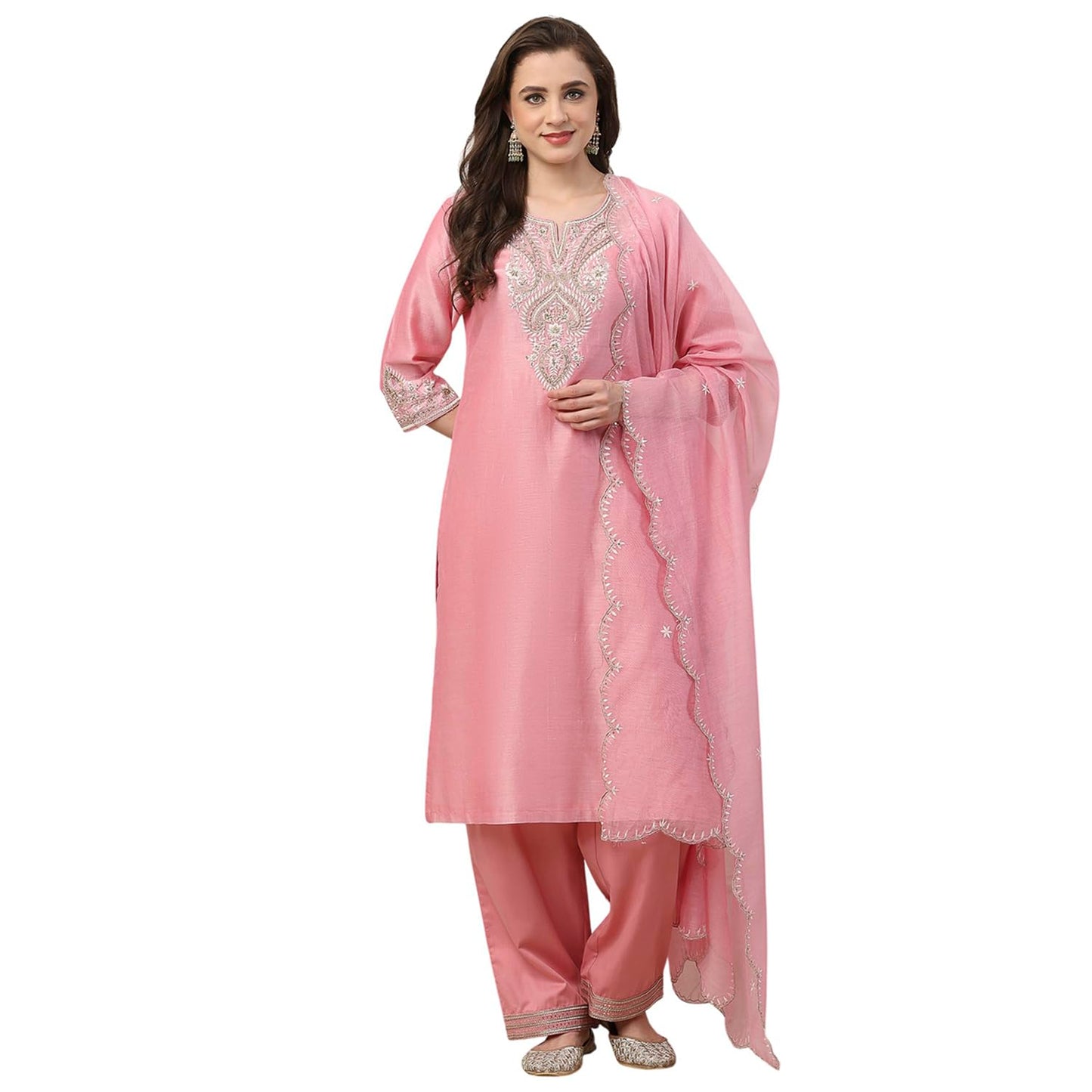 Biba Women Pink Silk Chanderi Straight Suit Set_34