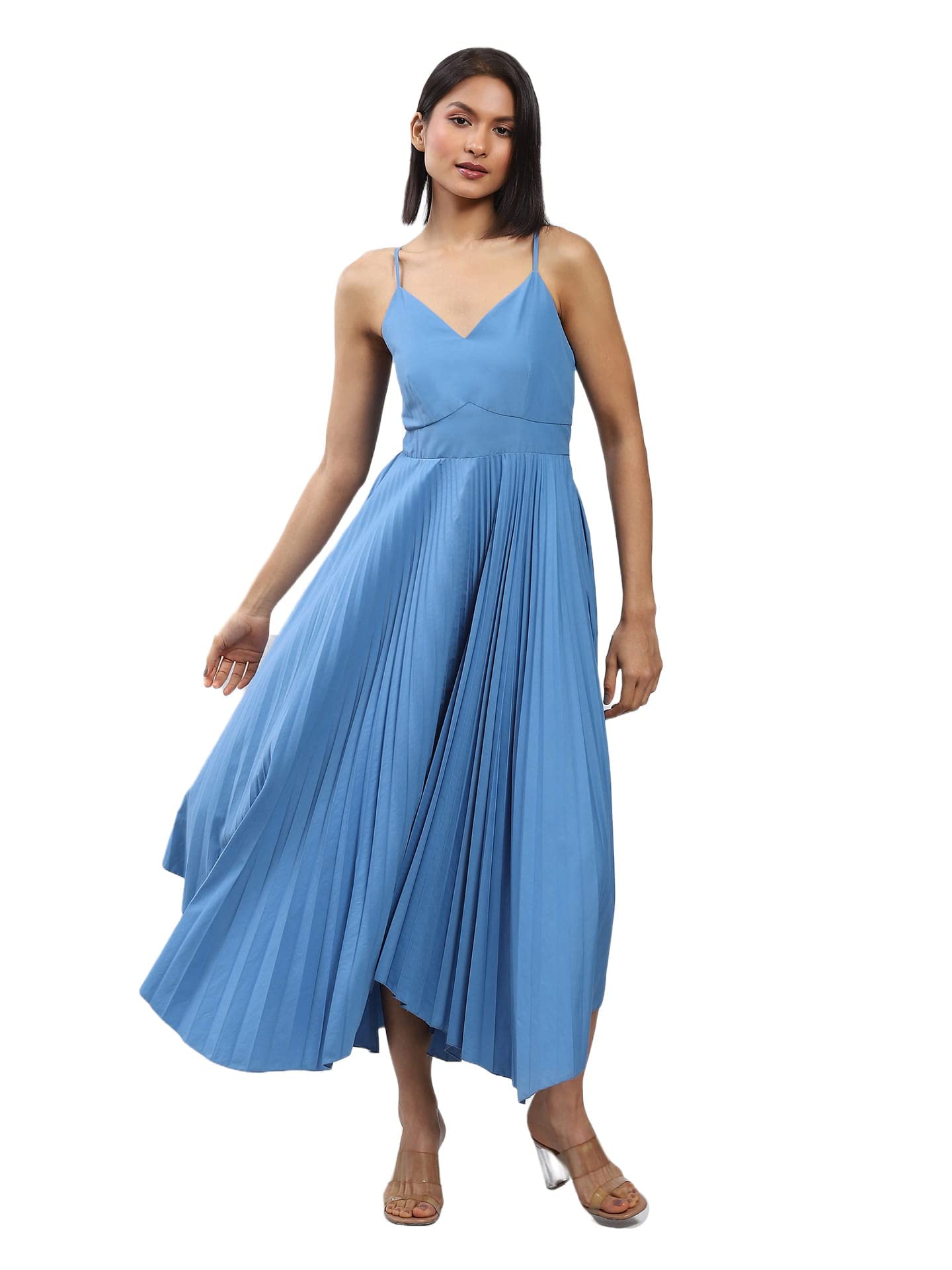 Label RITU KUMAR Blue Strappy Long Dress with Pleats