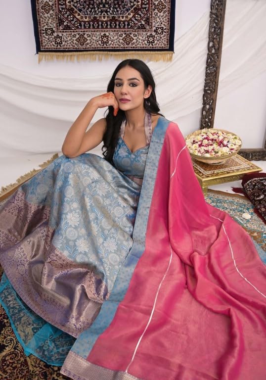 MAHUKAA Women's Kanjeevaram Gown With Dupatta For Festival & Function (Sky Blue & Pink) - Size: Medium