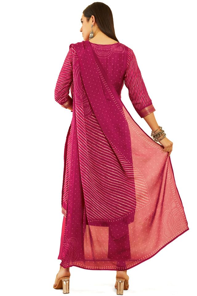 Soch Womens Fuchsia Brocade Bandhani Printed Suit Set with Mirror Work