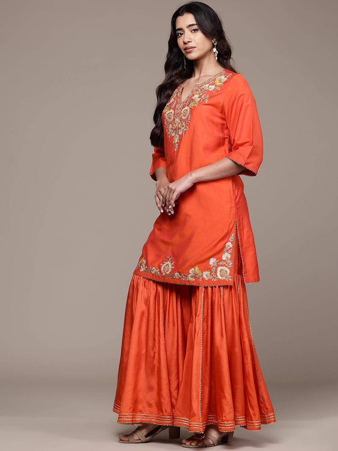 Aarke Ritu Kumar Orange Laila Festive Round Neck Kurti With Pant And Dupatta