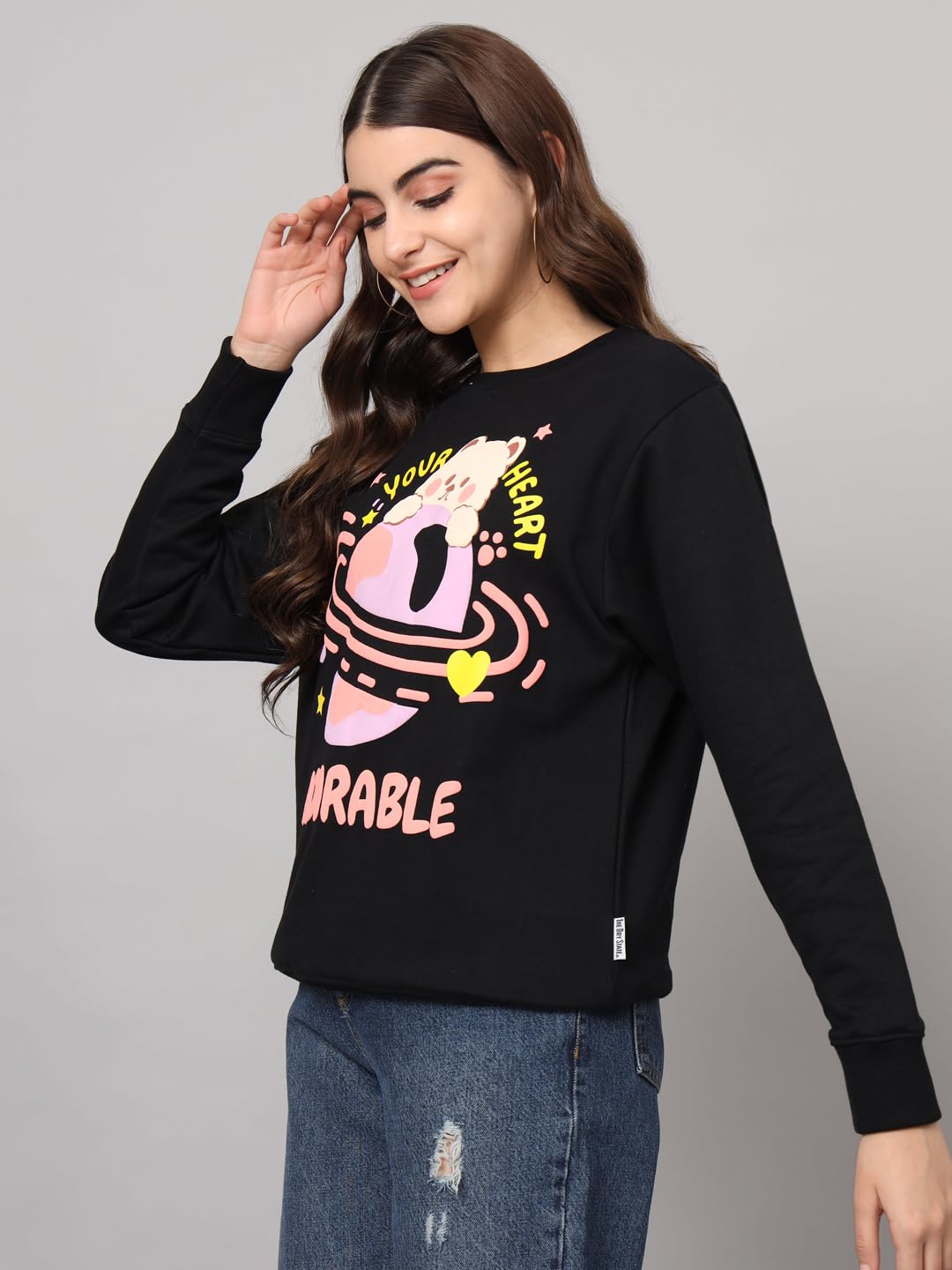 THE DRY STATE Womens Full Sleeves Round Neck Cotton Sweater Black