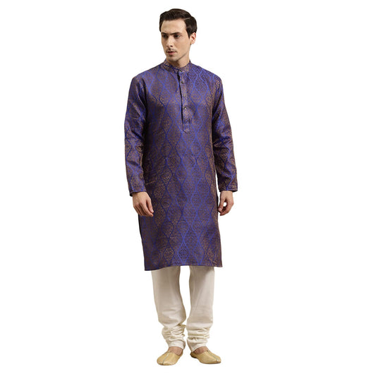 SOJANYA (Since 1958 Men's Jacquard Silk Blue & Gold Kurta & Off-White Churidar Pyjama Set Size 42