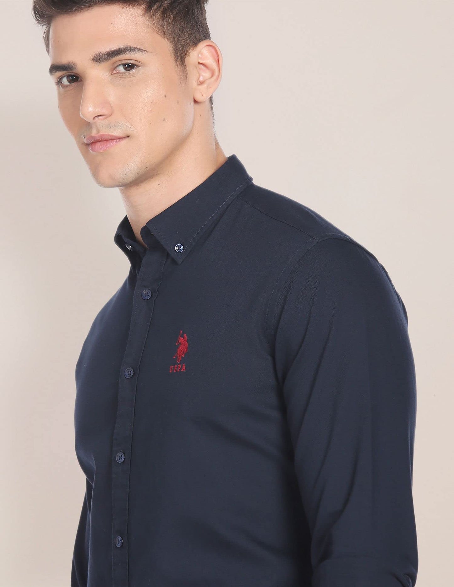 U.S. POLO ASSN. Men's Solid Slim Fit Shirt (USSHTFX0105_Navy