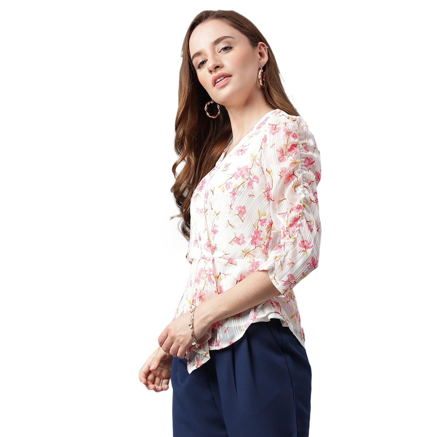 Latin Quarters Casual Puff Sleeves Floral Print Women Pink Top_M