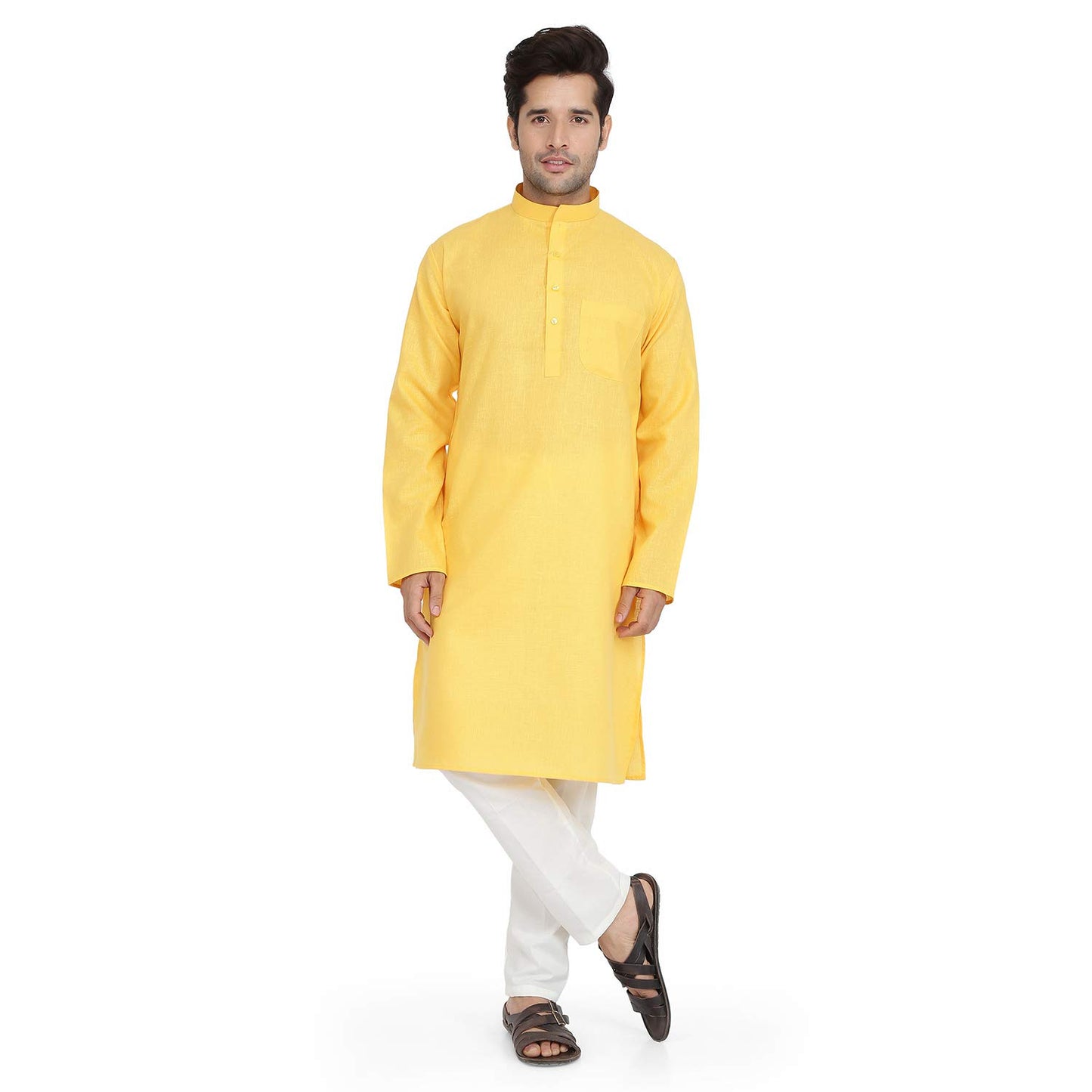 Royal Kurta Mens Linen Kurta Pyjama Set Yellow 40
