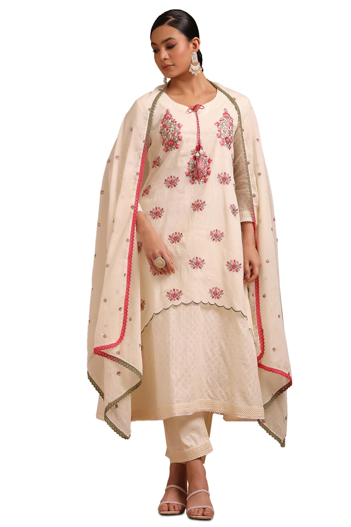 Soch Womens Off White Cotton Floral Print Suit Set With Thread Work