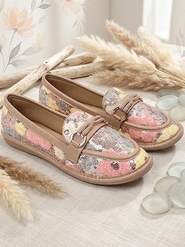 KLAUR MELBOURNE Women’s Textured Ballet – Elegant Pointed-Toe Slip-On Flats with Gold Chain Bit Detail & Cushioned Insole