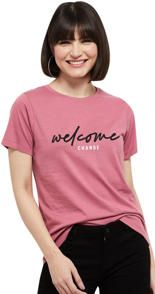 Max Women Cotton Printed Regular Fit Round Neck T-Shirt (Pa22Ycpepp06Blush)_L