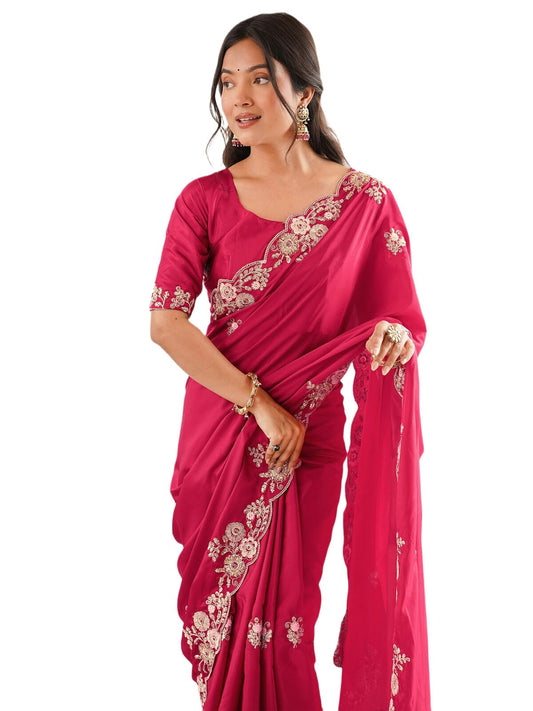 SIRIL Women's Crepe Silk Scalloped Border Sequin Embroidery Saree with Unstitched Blouse Piece (5301S7421_Cherry Red)