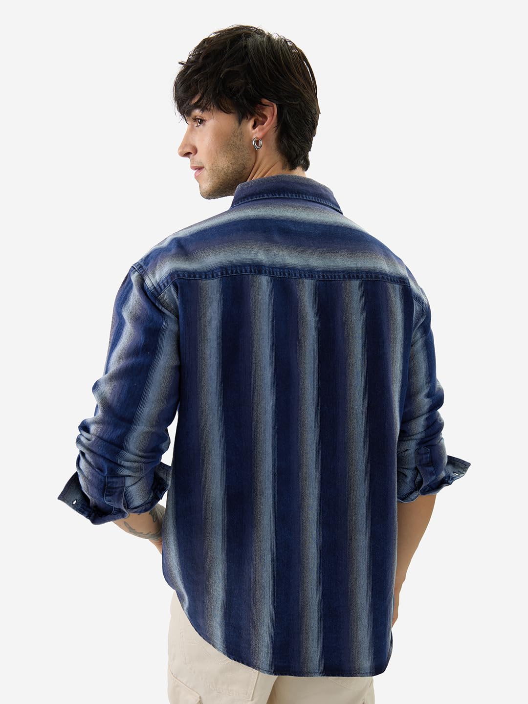 The Souled Store Stripes: Shades of Blue Men and Boys Long Sleeve Collared Neck Button Front Cotton Relaxed Fit Shirts