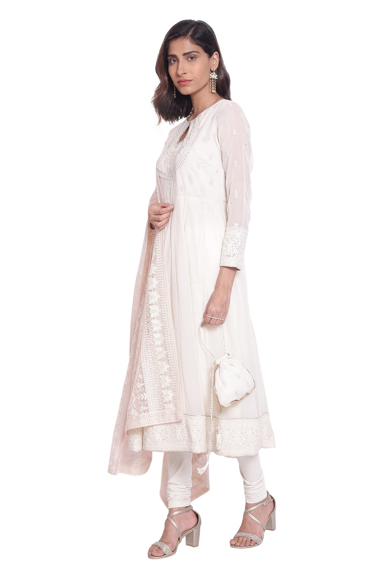 Wishful by W Light Yellow Anarkali Kurta-Churidar-Drape Set