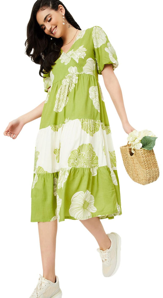 Max Women Floral Printed Midi One Piece Dress (MDDRS41002BGREEN)_Small