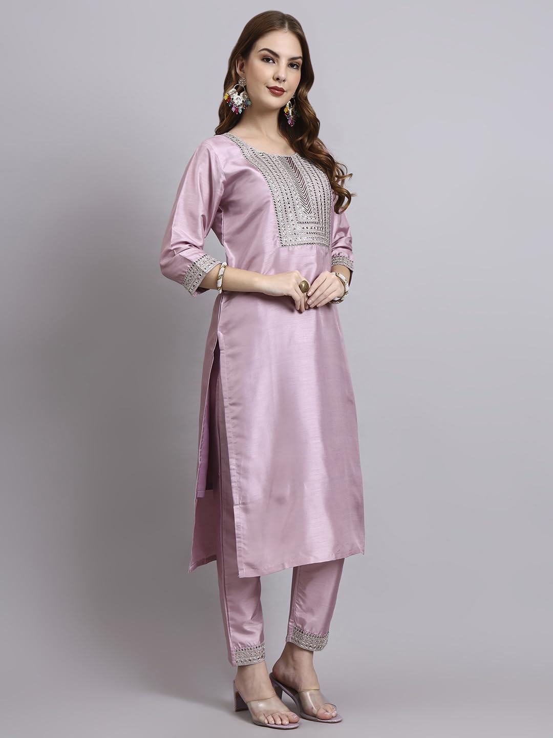 GALGOTO Women's Yellow Embroidered Kurta Pant with Organza Printed Dupatta Set, 3/4 Sleeve, Traditional Indian Ethnic Wear (IN, Alpha, S, Regular, Light Pink)