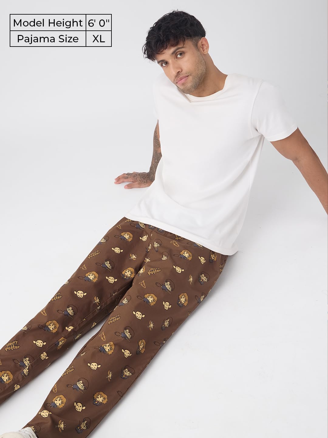 The Souled Store Harry Potter: Chibi Men and Boys Elastic Waistband Brown All-Over Print Cotton Regular Fit Lightweight Breathable Sleepwear Pyjamas |Brown