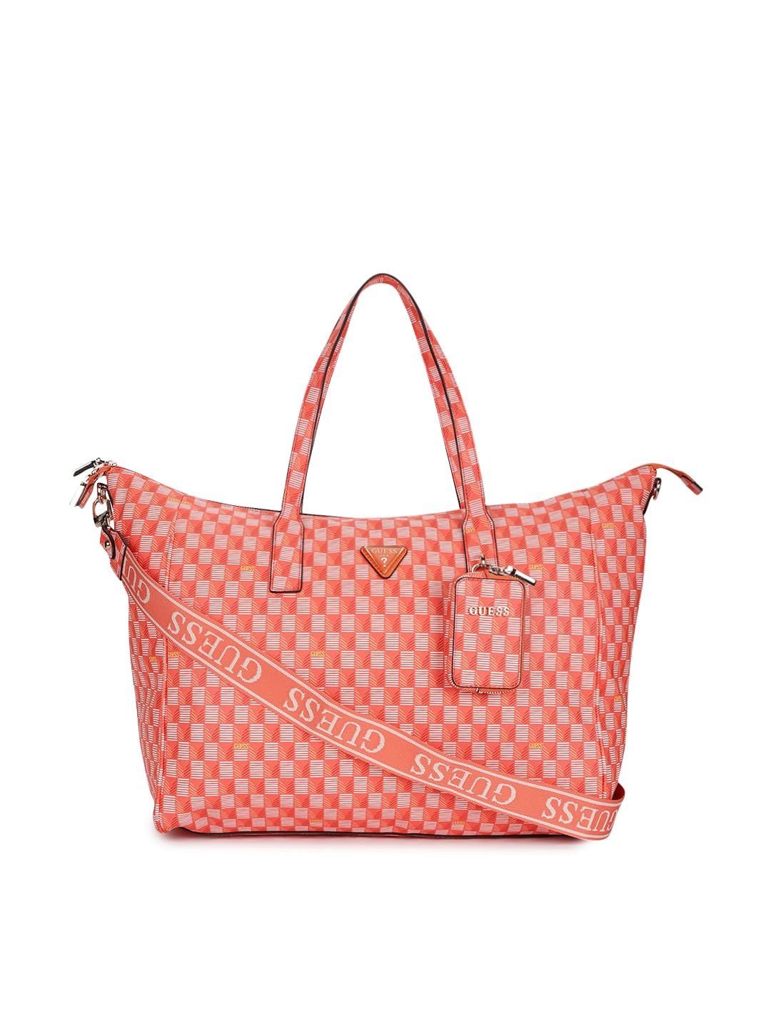 GUESS Orange Logo Checkered Carryon Large Tote Bag With Detachable Coin Pouch