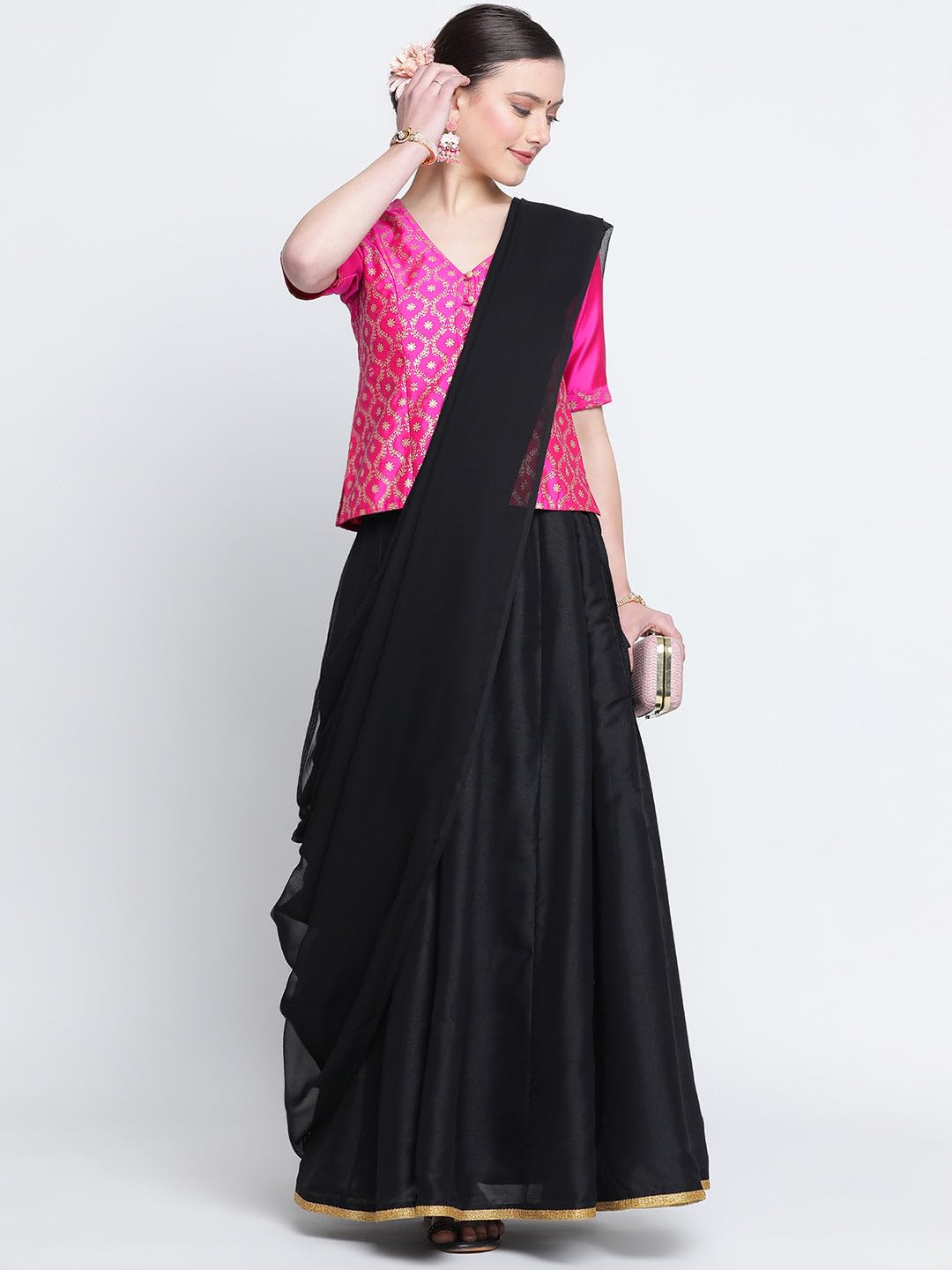 studio rasa Women's Silk Blend Block Printed Button Down Blouse for Wedding Festive Party (TPWC224BL17L_Large_Pink)