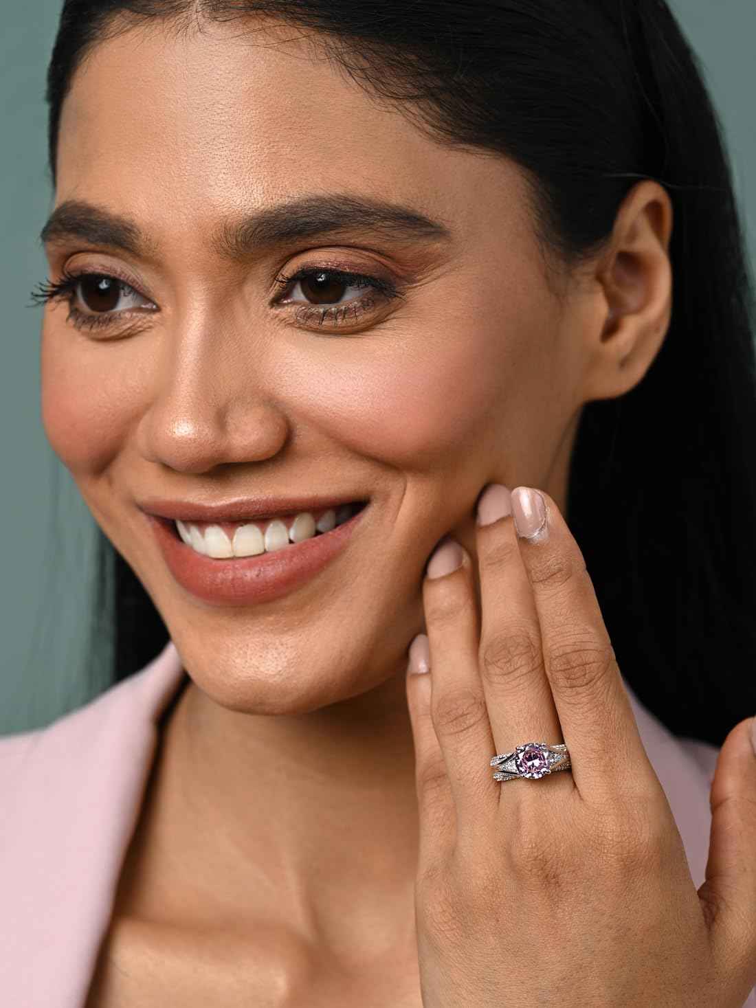 Clara Pure 925 Sterling Silver Tove Pink Solitaire Wedding Finger Ring | Swiss Zircon Platinum Plated | Size Adjustable | Valentine Gift for Women Girls Wife Girlfriend