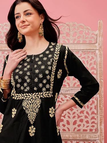 Ada Hand Embroidered Lucknowi Chikankari Cotton Kurti Kurta for Women A411773 Black & Fawn (4XL)
