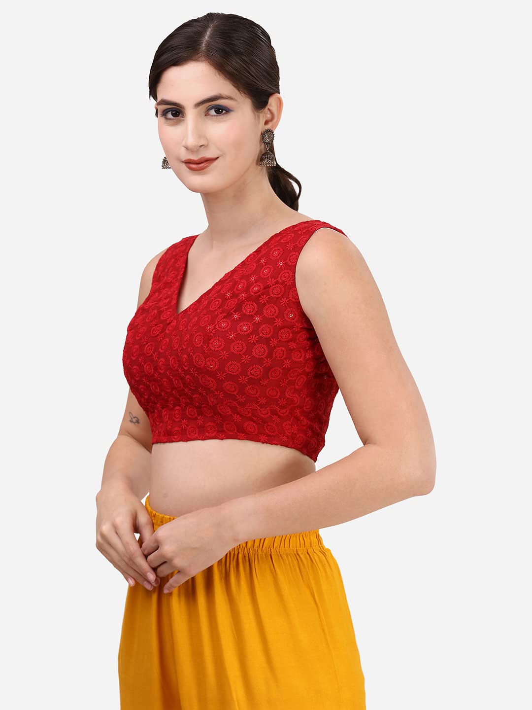 OOMPH! Women's Indian Ethnic Wear Designer Leaf Pattern V Neck Sleeveless Cotton Red Blouse for Saree or Lehnga and BlousePalazzos or Skirts for a Fusion Twist.