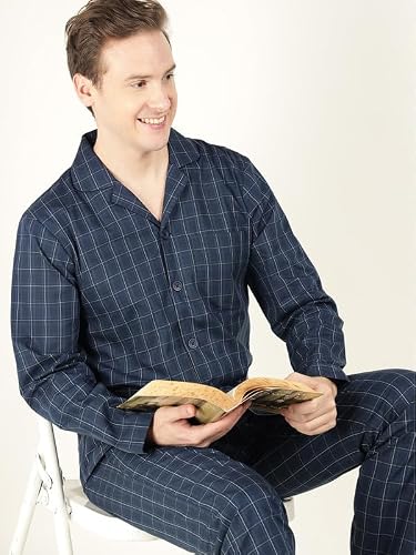 Hancock Men Cotton Checked Relaxed Fit Night Suit Navy Blue Size L