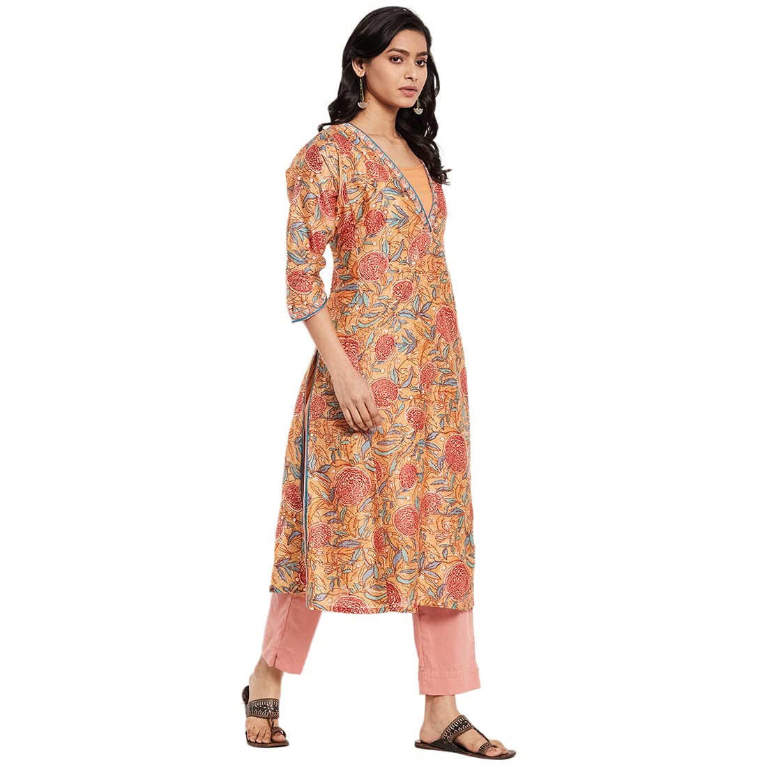 Fabindia Women Silk Printed Long Kurta Cotton_M Pink