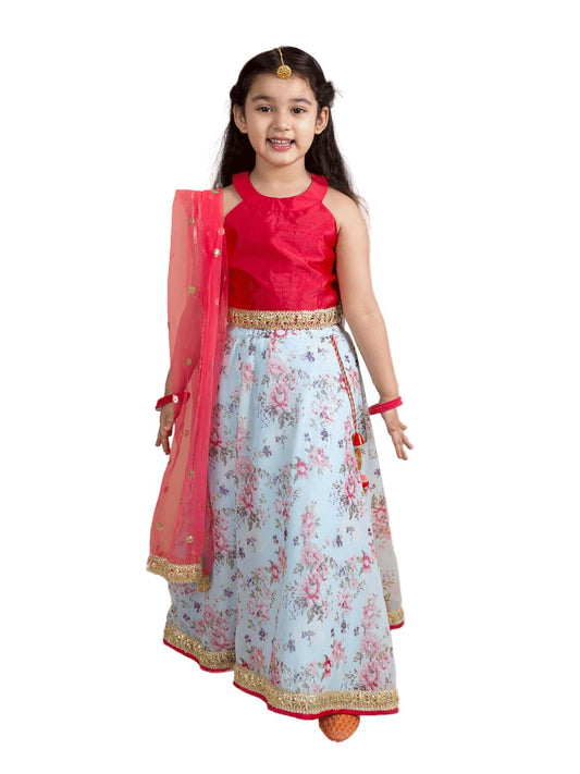 Pspeaches Girls Polyester Red Blue Floral Readymade Lehenga Choli Set (Red-7-8Y), 7-8 Years