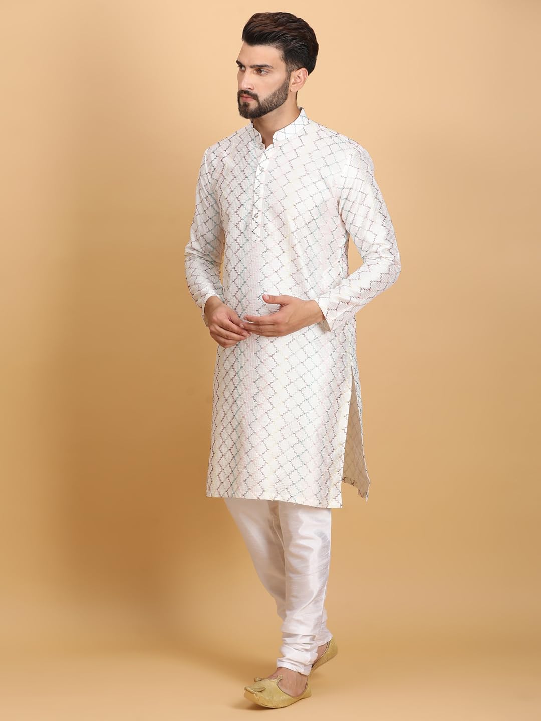 Ethluxis Men's Silk Blend Embroidered Regular Fit Kurta with White Churidar Set (46, White Multi)