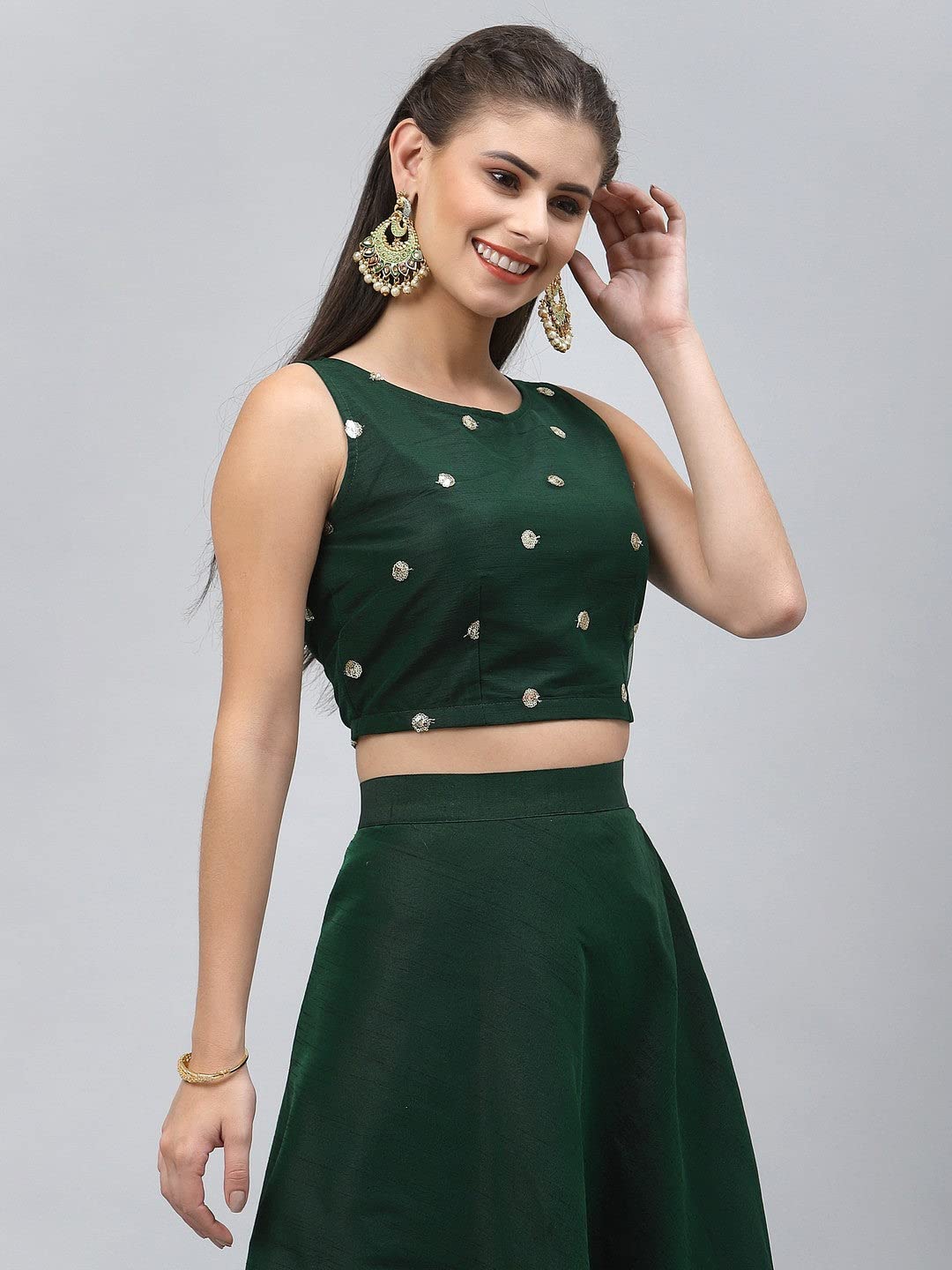 studio rasa Net Women's Girls Sequin Embroidered Sleeveless Blouse Crop Top For Wedding Festive(Tpwc22044S_Bl_Green_Small)