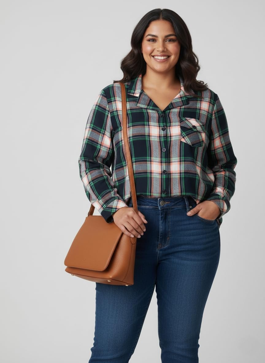 Angoori Fashion Women's Plus Size Plaid Shirt, Brown Black White Check Pattern, Button-Down with Chest Pocket, Roll-Up Sleeves (in, Alpha, M, Regular, Multicolor)