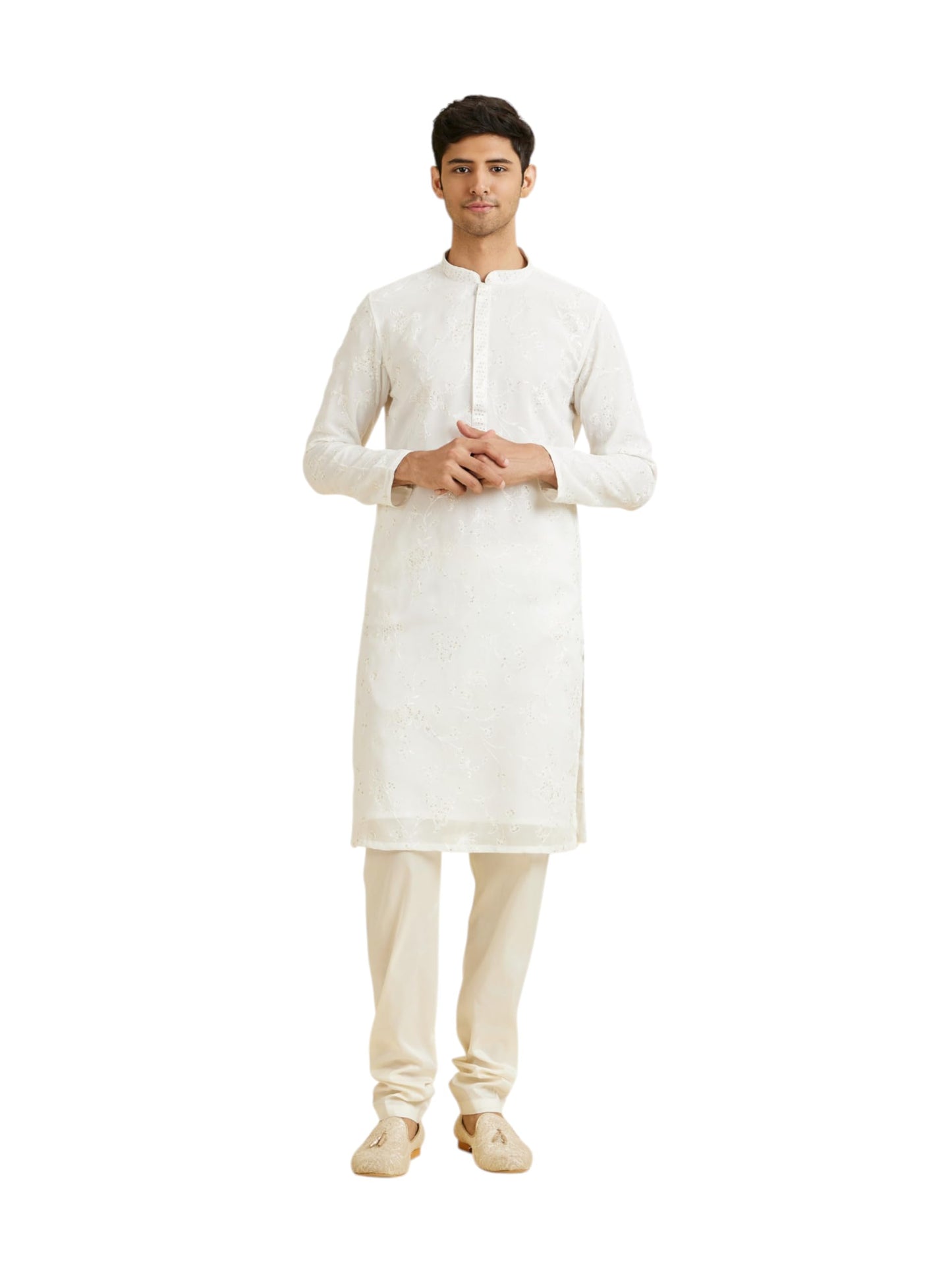 Manyavar Men's Georgette Floral Threadwork & Sequinned Kurta Churidar Set (2pcs)