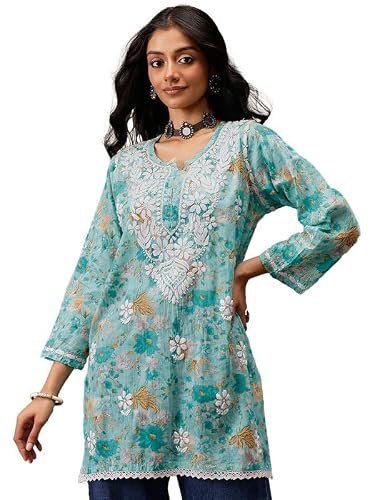 Ada Hand Embroidered Lucknowi Chikankari Printed Cotton Short Kurti Top Tunic for Women A911454 Blue (L)