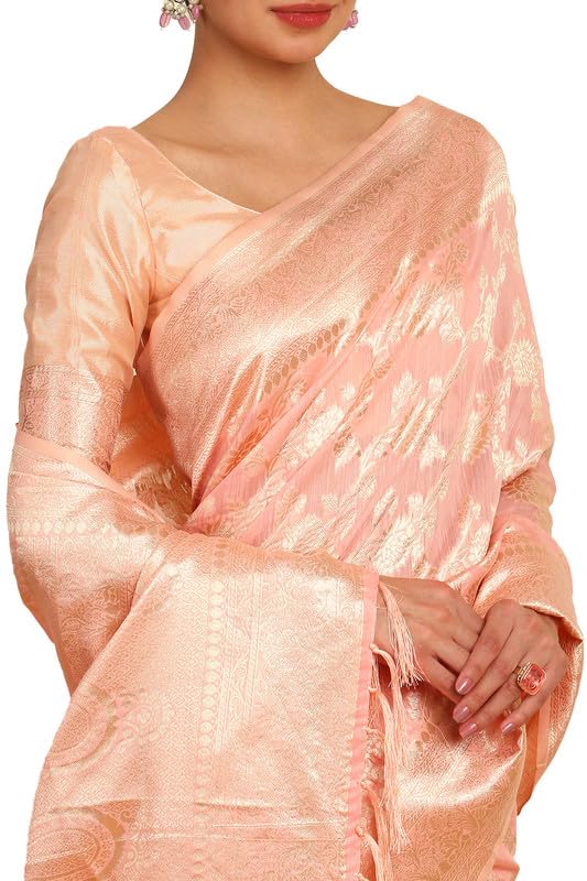 Soch Womens Peach Floral Woven Design Jacquard Weave Tussar Saree