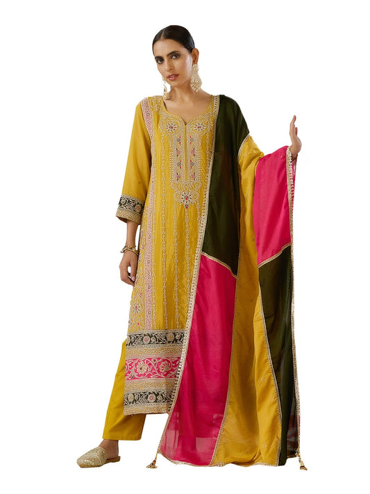 ishin Gold zari embroidered straight festive kurta with pants and dupatta