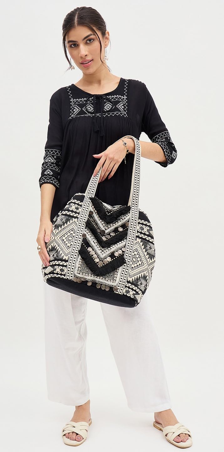 PRIMROSE Boho Beach Tote Bag (Black and Beige)