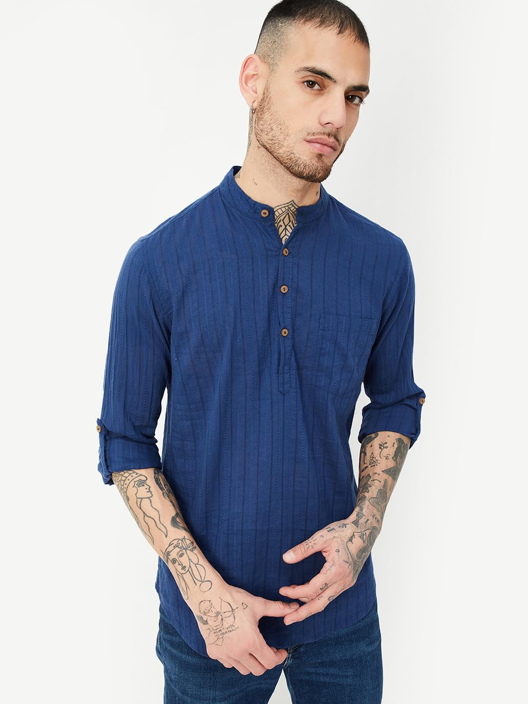 Max Men's Long Sleeves Regular Fit Band Collar Waist Length Cotton Kurta (Blue_M)