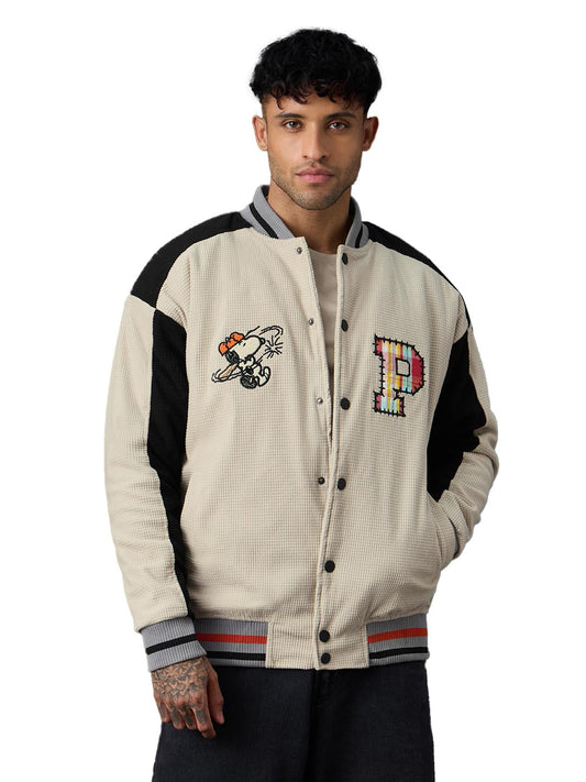 The Souled Store Peanuts: Happy Days Men and Boys Full Sleeves Mandarin Collar Light Beige Typography Embroidered Polyester Oversized Fit Lightweight Everyday Bomber Jacket