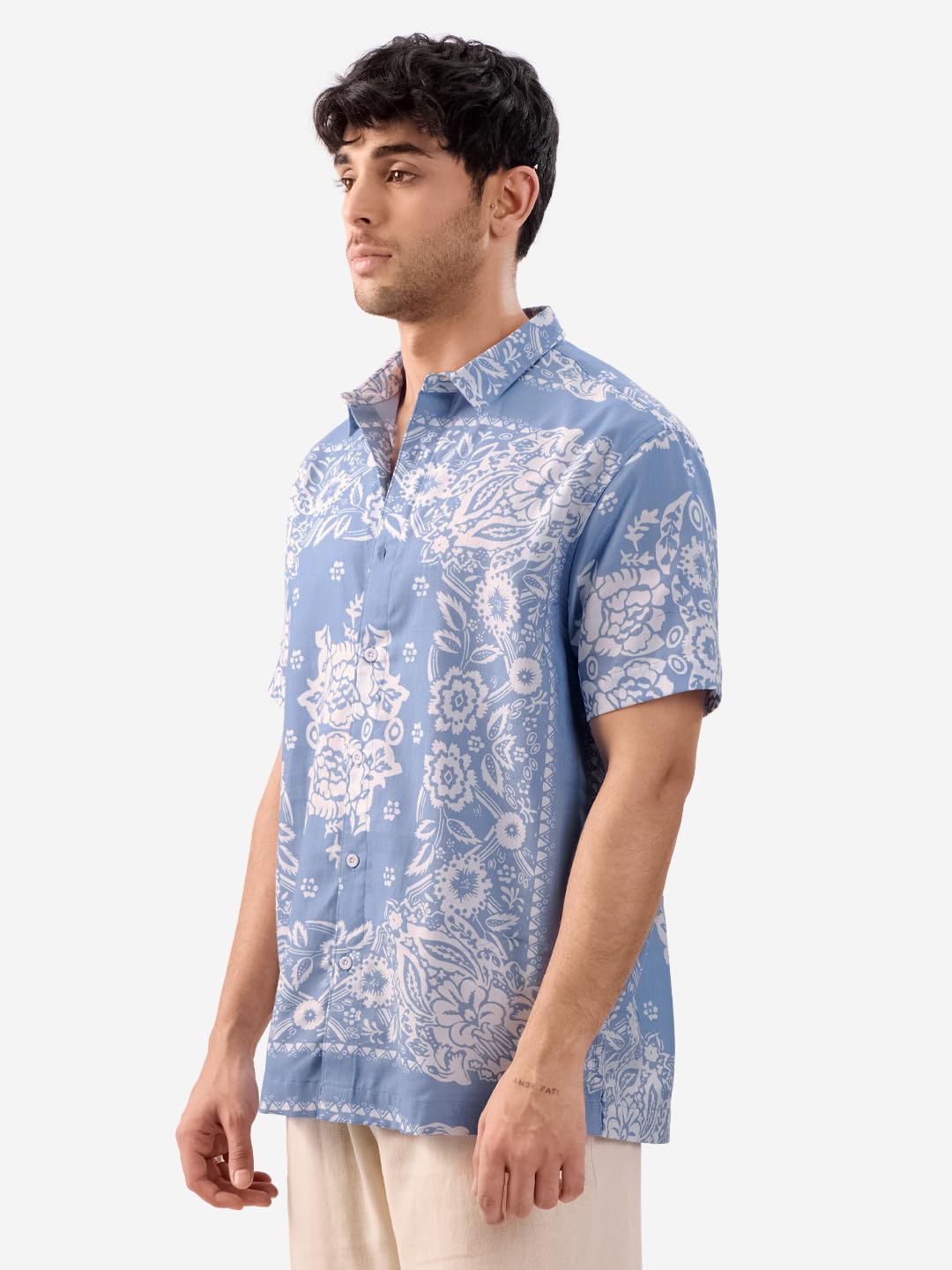 The Souled Store Wildflower Men and Boys Short Sleeves Collared Neck Button Front Blue All Over Printed Viscose Blend Holiday Shirts