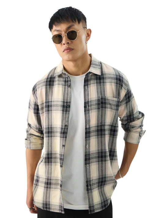The Souled Store Plaid: Waffle Black Men and Boys Long Sleeve Collared Neck Button Front Regular Fit Cotton Shirts
