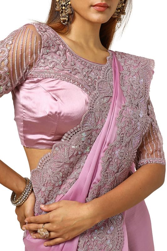 Soch Womens Onion Pink Chiffon Embroidered Saree With Sequins