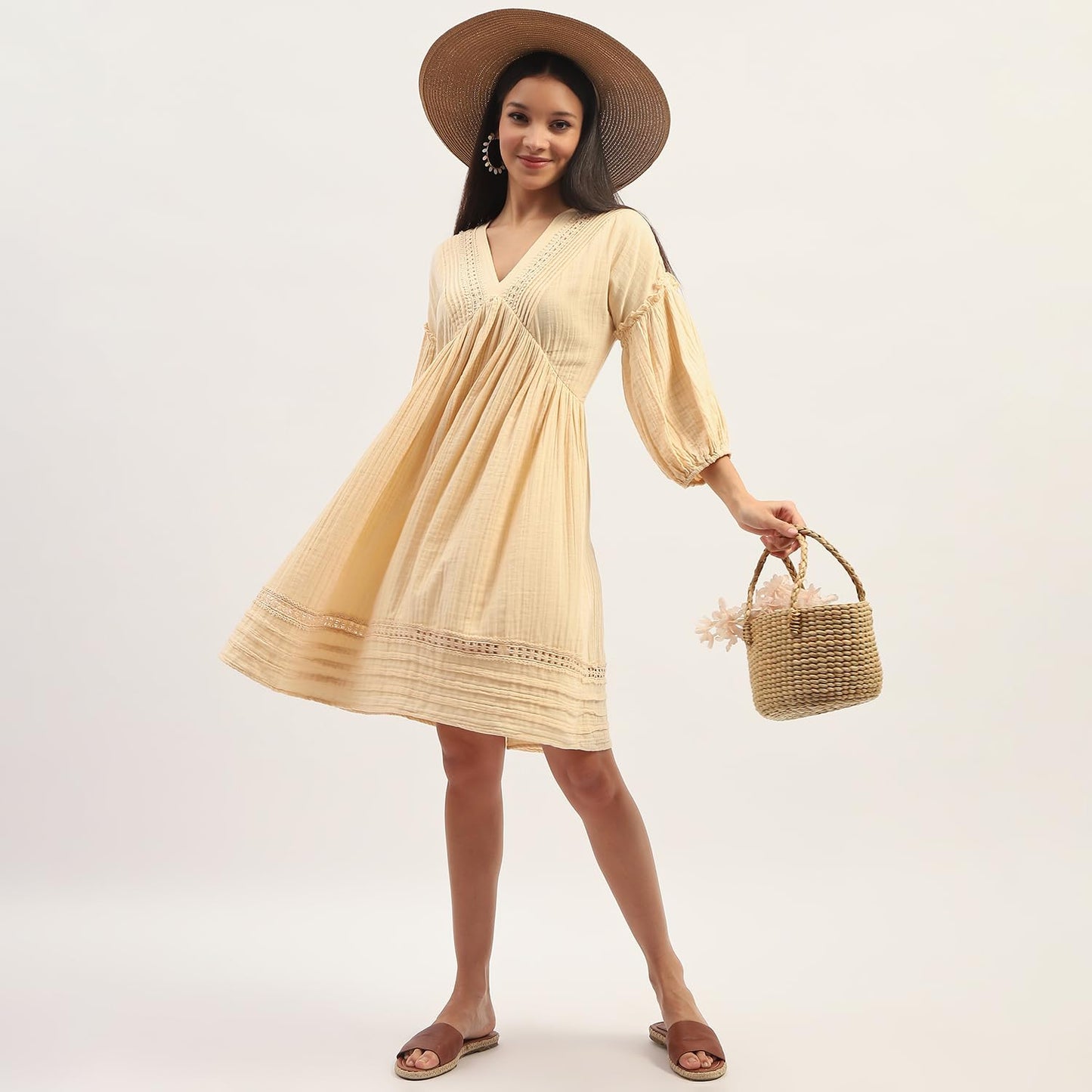 Madame Puff Sleeve Fit and Flare Cotton Beige Midi Dress
