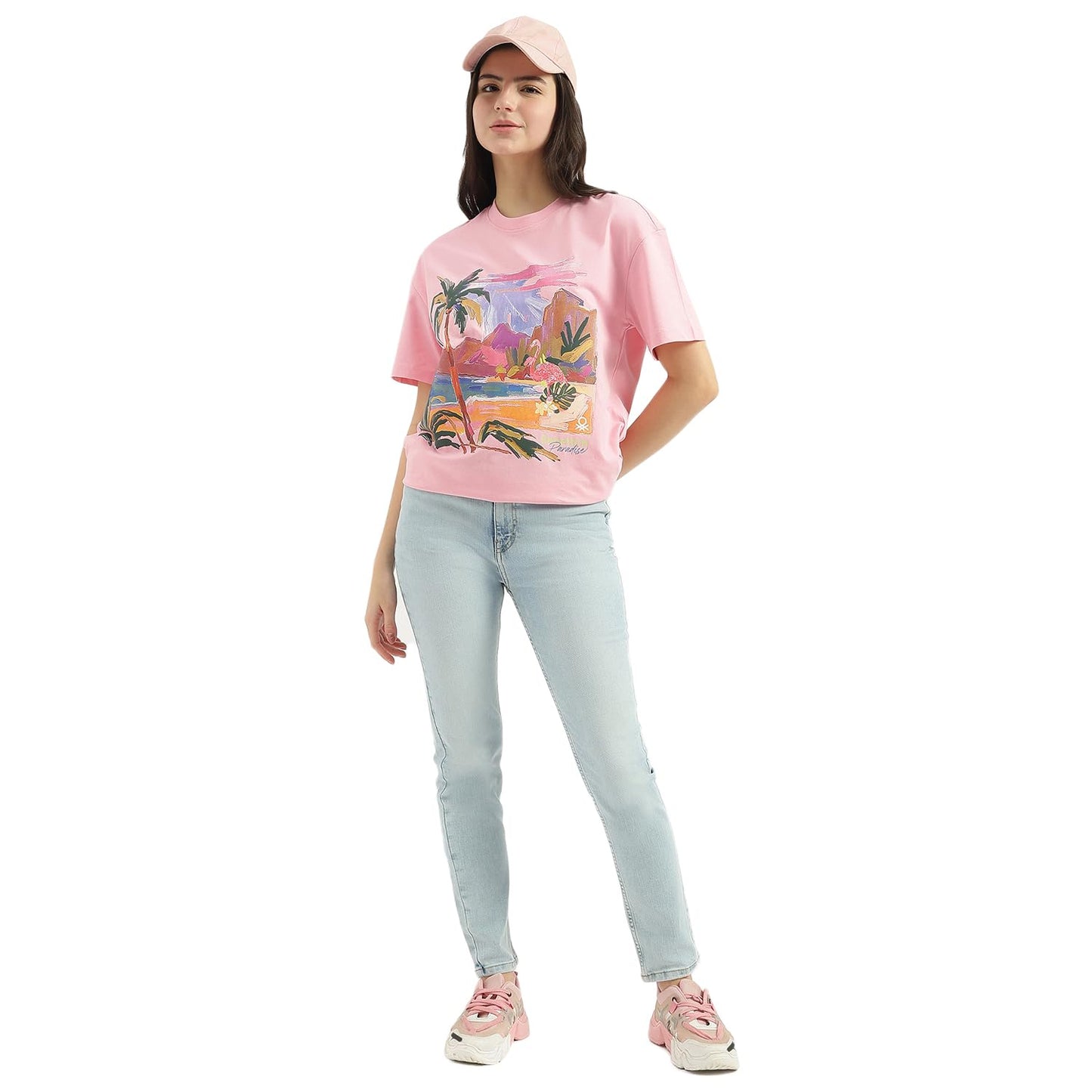 United Colors of Benetton Round Neck Tropical T-Shirt (Size: L)-25P3099W3277I29Y Pink