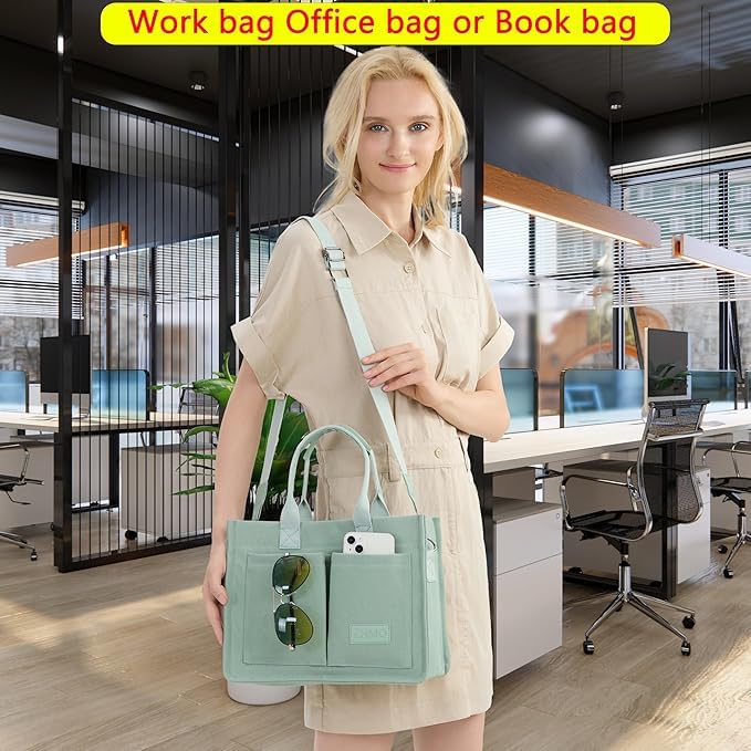 Kawn® Large Canvas Tote Bag for Women hobo Shoulder Bag with Zipper Multi-Pocket Satchel bag Crossbody Bag with Detachable Strap Everything Everyday Handbags for Office, College and Travel (Pea Green)