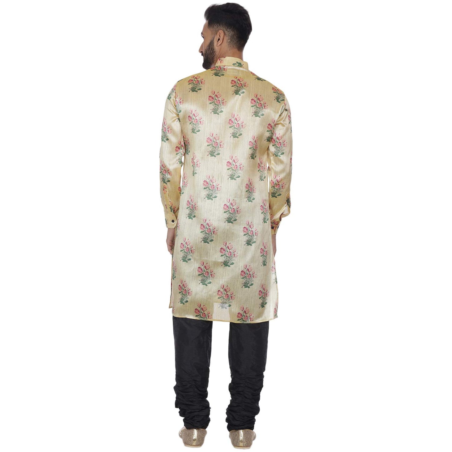 Veera Paridhaan Men's Beige Printed Zig Zag Long Silk Kurta and Black Silk Payjama