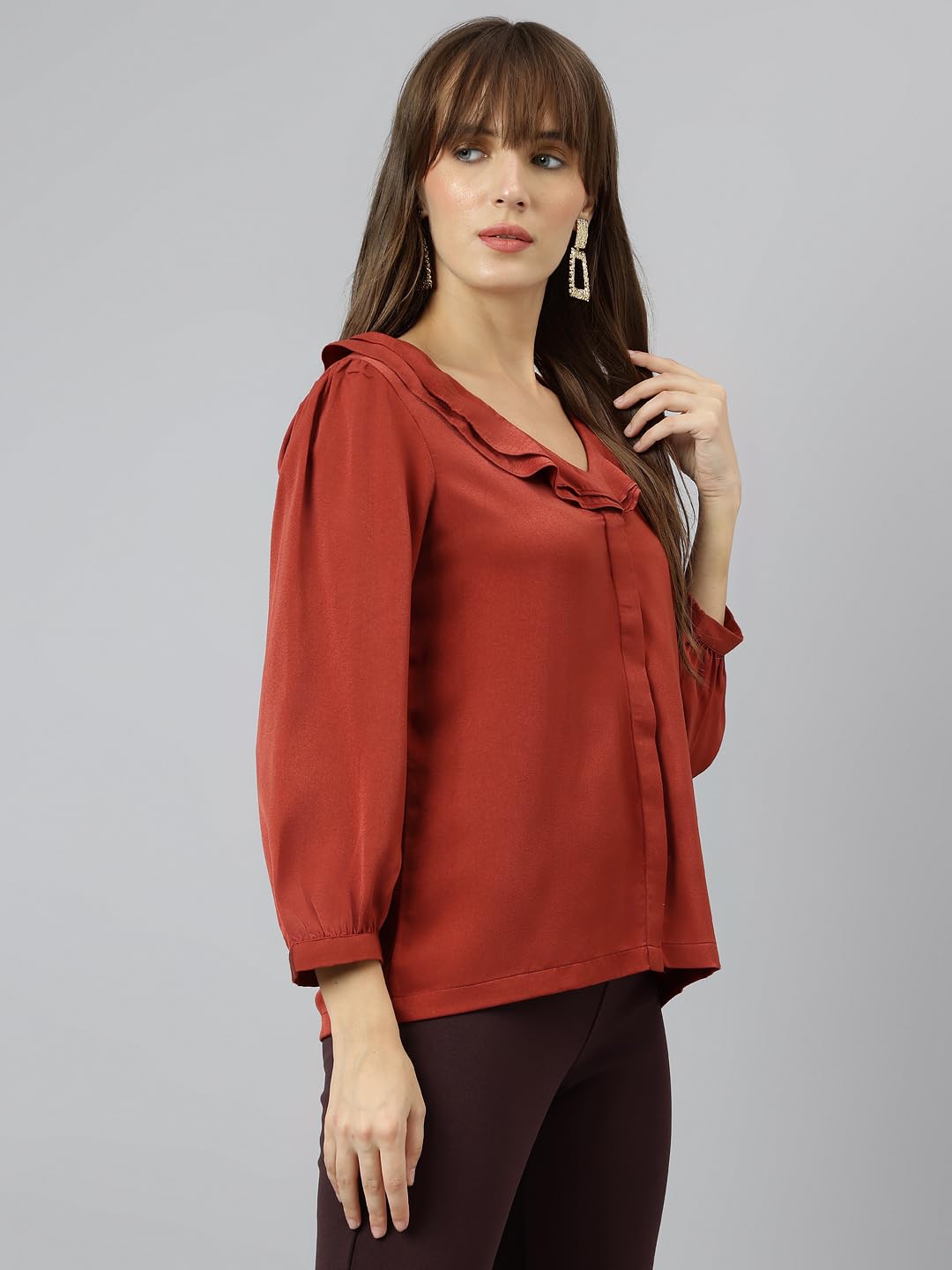 Latin Quarters Women Rust 3/4th Sleeves Casual Solid Shirt_M