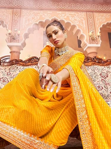 Satrani Women's Georgette Printed & Embroidery Lace Saree with Unstitched Blouse Piece (3463S236N_Yellow)